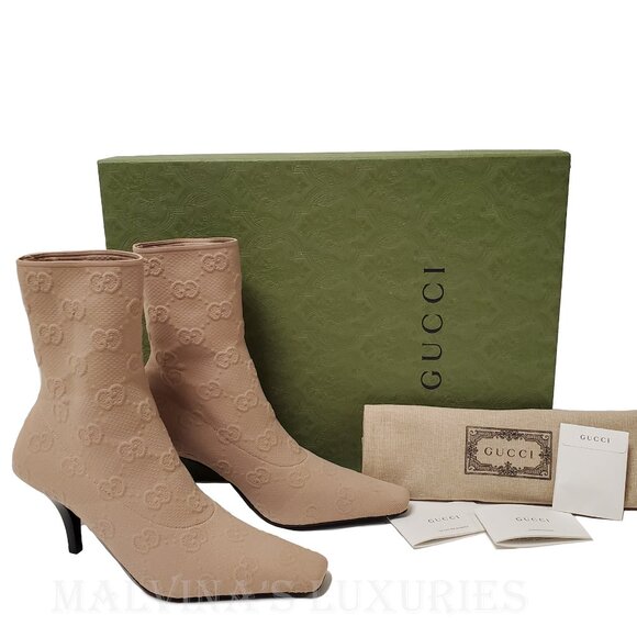 GUCCI BOOTS TOM TECHNICAL GG LOGO NUDE JERSEY DOUBLE G LOGO HEEL sz 38 8 - Picture 2 of 15